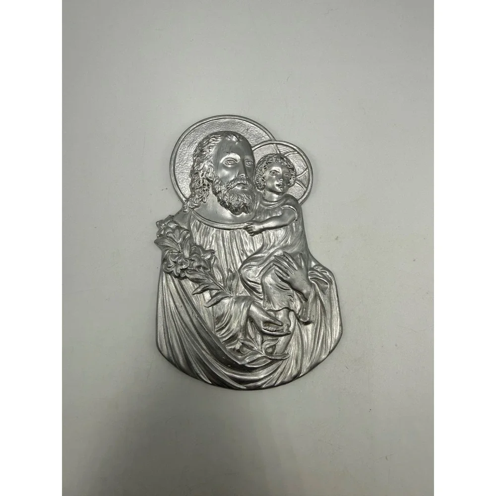 Vintage L.V.A. 1923 Saint Joseph and Child Jesus Silver Tone Relief Plaque 6.25